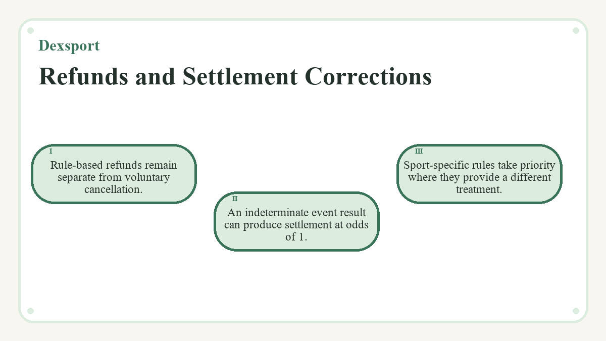 Refunds and Settlement Corrections: Rule-based refunds remain separate from voluntary cancellation.; An indeterminate event result can produce settlement at odds of 1.; Sport-specific rules take priority where they provide a different treatment.